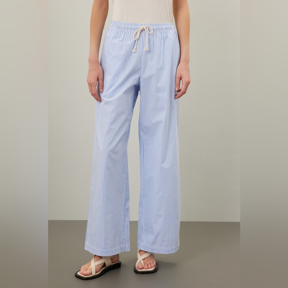 DONNI. Blue & White Pinstripe Wide Leg Pants